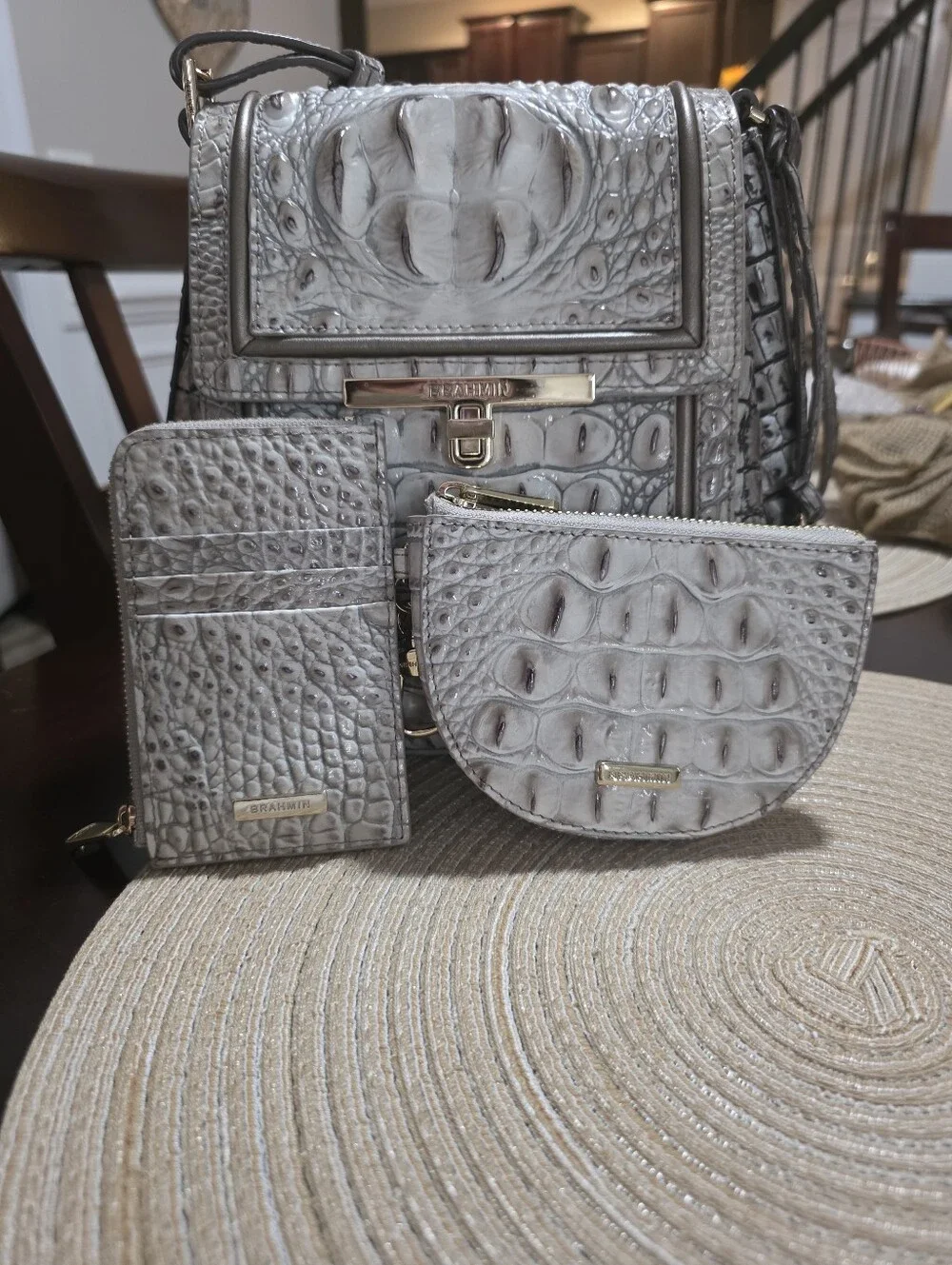 Brahmin Light Gray Croc-Embossed Satchel with Matching Wallet & Coin Pouch